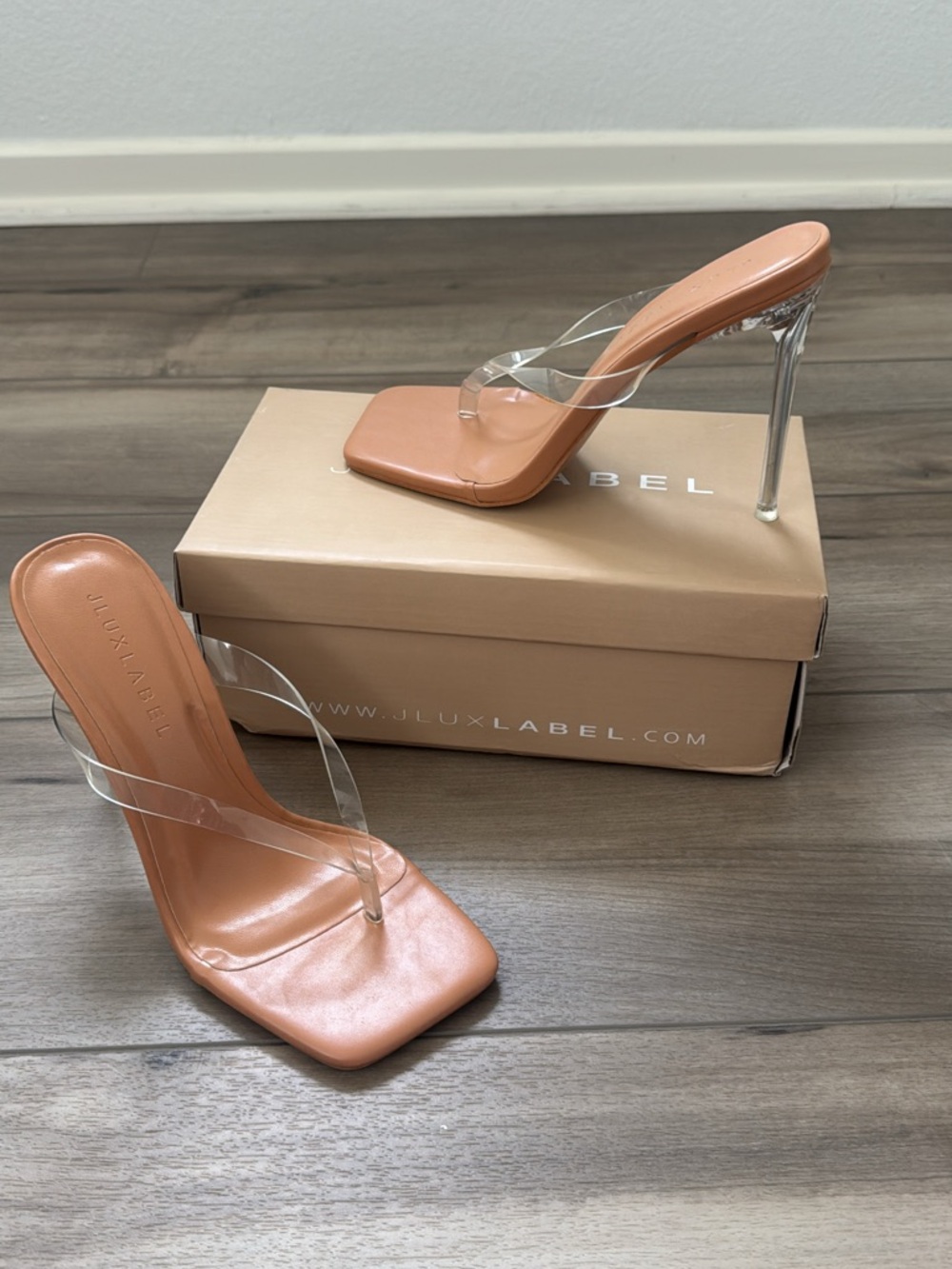 JLUXLABEL Tan Square-Toe Clear Strap Stiletto Sandal